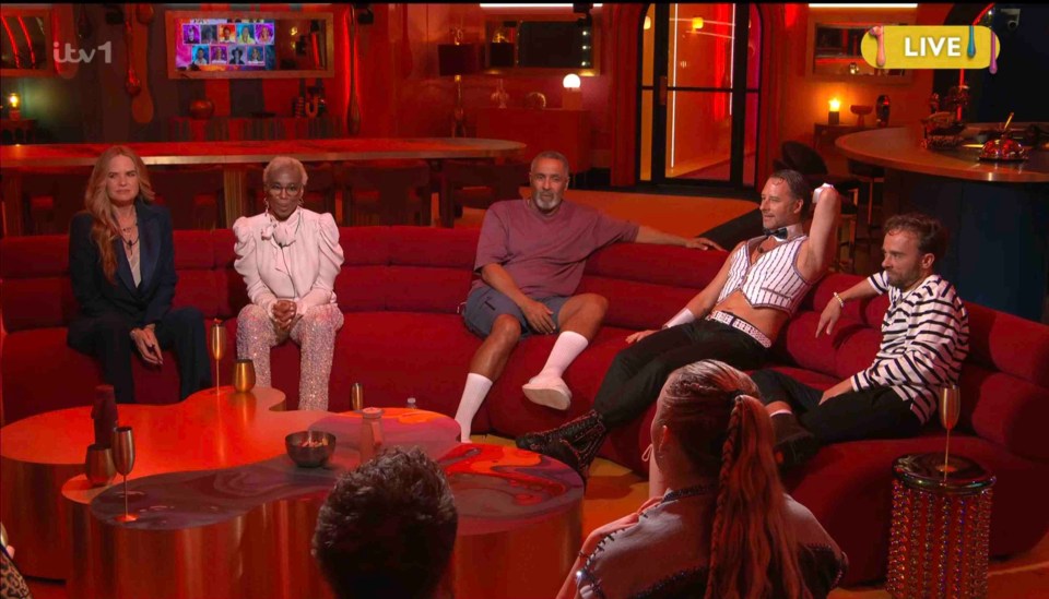 Panel of Celebrity Big Brother contestants on a red sofa.