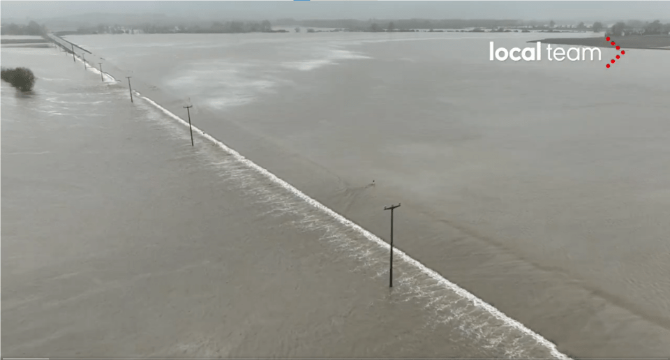 Aerial view of flooded farmland in Italy.