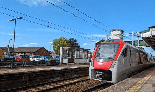 Train at a station platform.