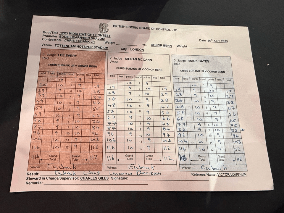 Boxing match scorecard showing Chris Eubank Jr. winning by unanimous decision.