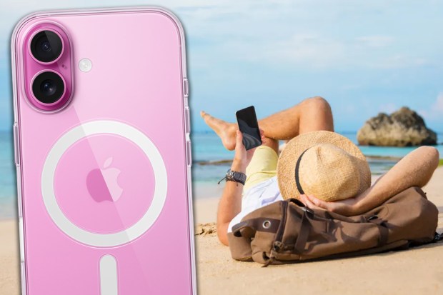 Pink iPhone case with MagSafe compatibility shown next to a man relaxing on a beach.