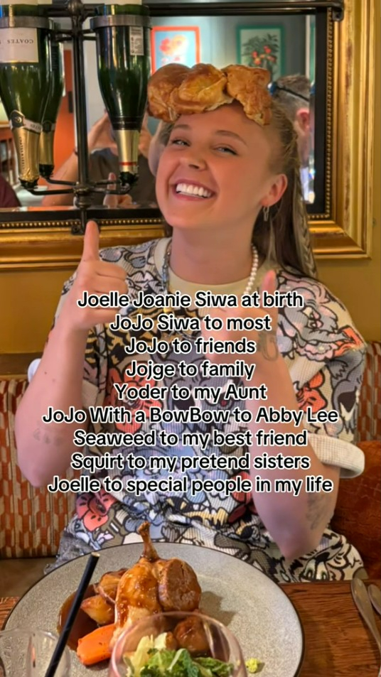 Jojo Siwa showing different names she's been called.