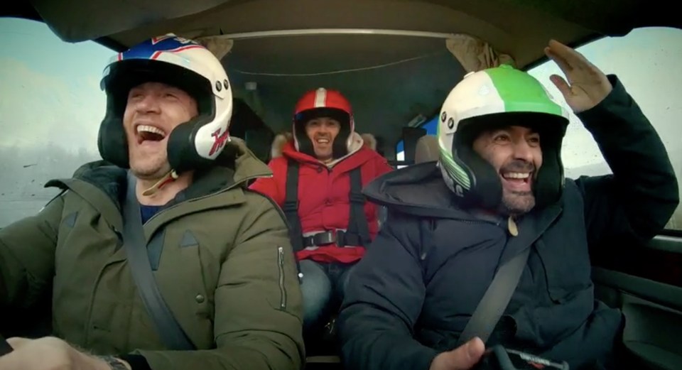 Top Gear presenters Freddie Flintoff, Paddy McGuinness, and Chris Harris in a car.