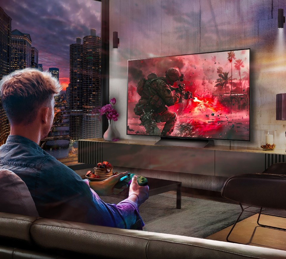 Person playing video game on large TV.