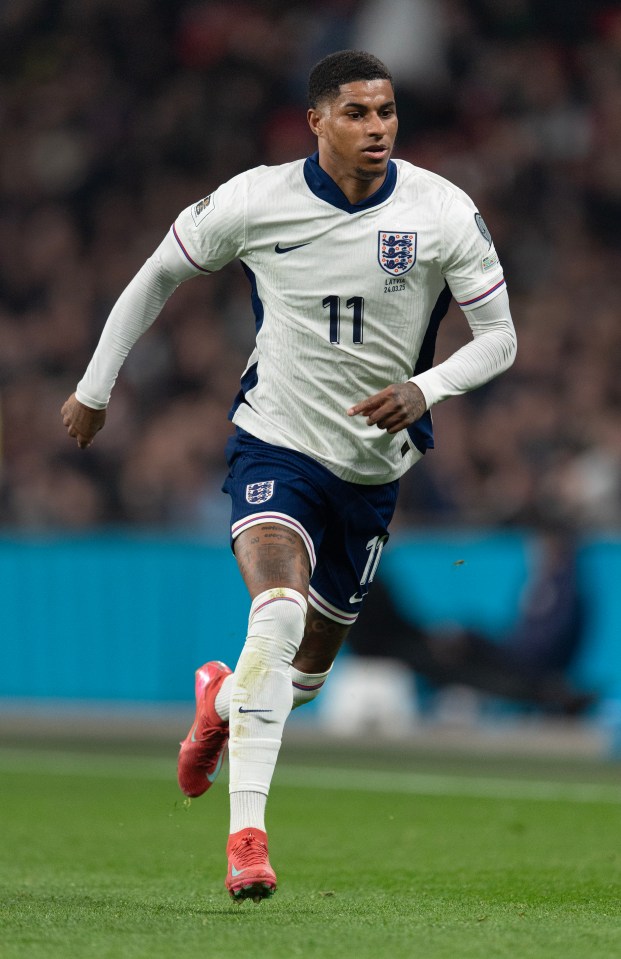 Marcus Rashford of England in action during a soccer match.