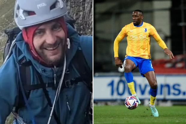 An image collage containing 2 images, Image 1 shows A smiling man rock climbing, Image 2 shows Lucas Akins of Mansfield Town in action during a soccer match