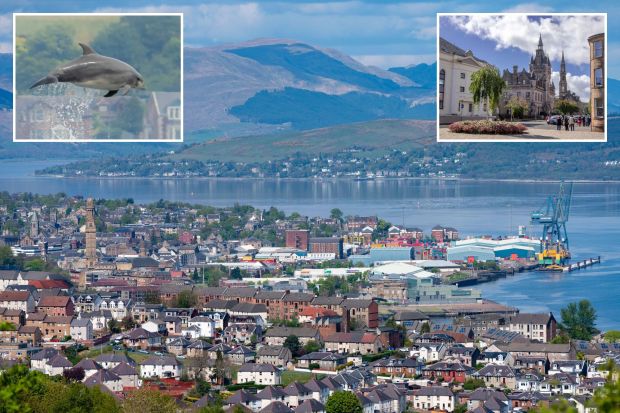 An image collage containing 3 images, Image 1 shows Elevated view of Greenock, Scotland, showing the city, port, and Firth of Clyde, Image 2 shows Dolphin leaping from the water, Image 3 shows Greenock Sheriff Court building in Scotland