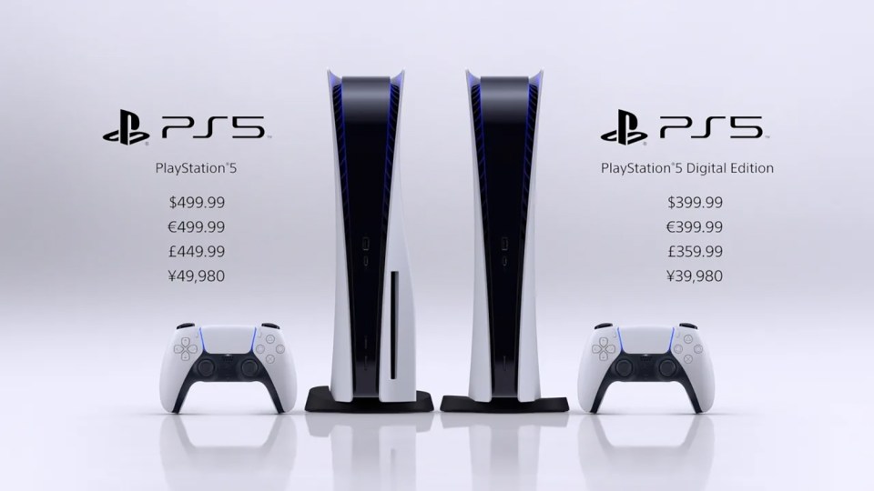 Illustration of PlayStation 5 and PlayStation 5 Digital Edition consoles with prices and controllers.
