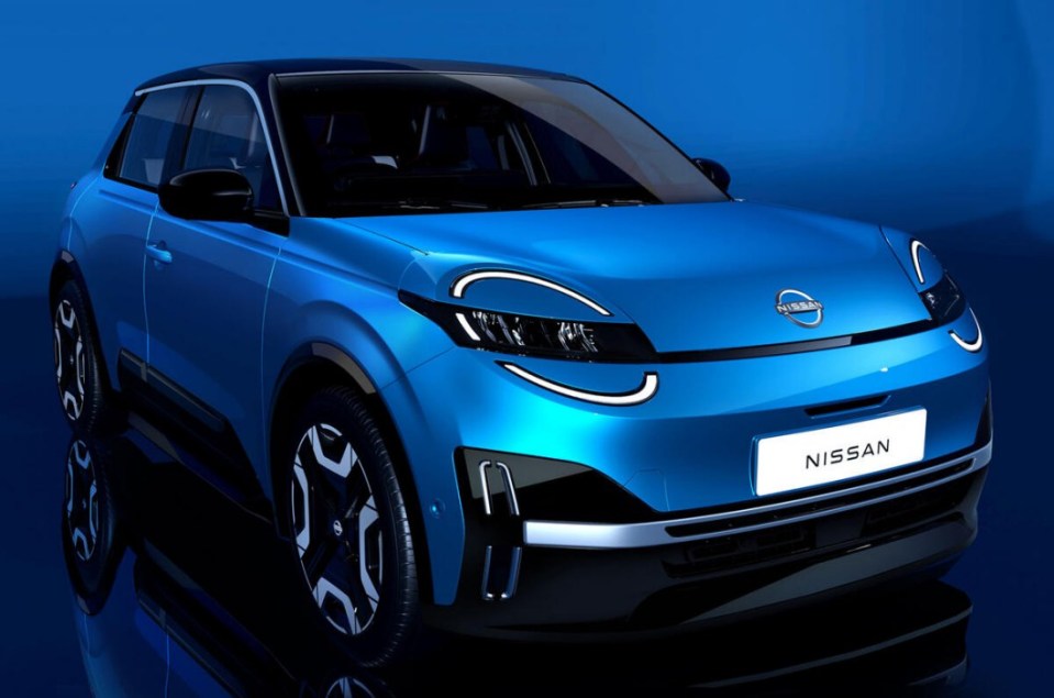 Blue Nissan electric car.