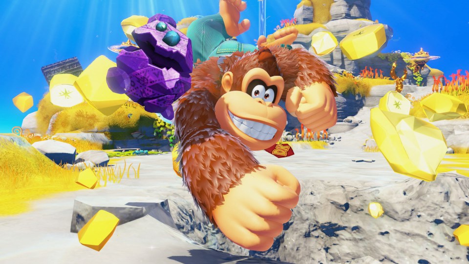 Donkey Kong grabbing gems in a tropical setting.