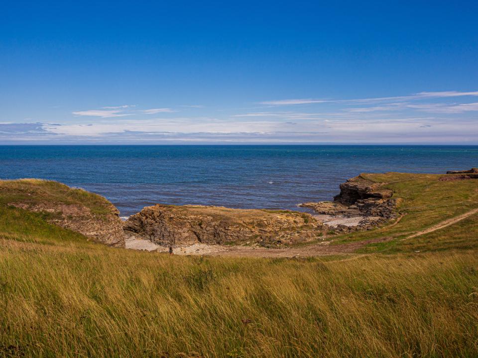 Coastal park with grassy hills overlooking the sea.