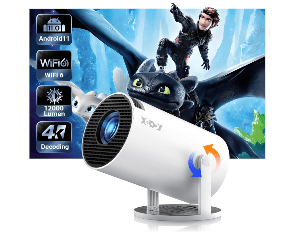 XGODY portable projector with 12000 lumens, 4K decoding, and WiFi 6, projecting a How to Train Your Dragon scene.