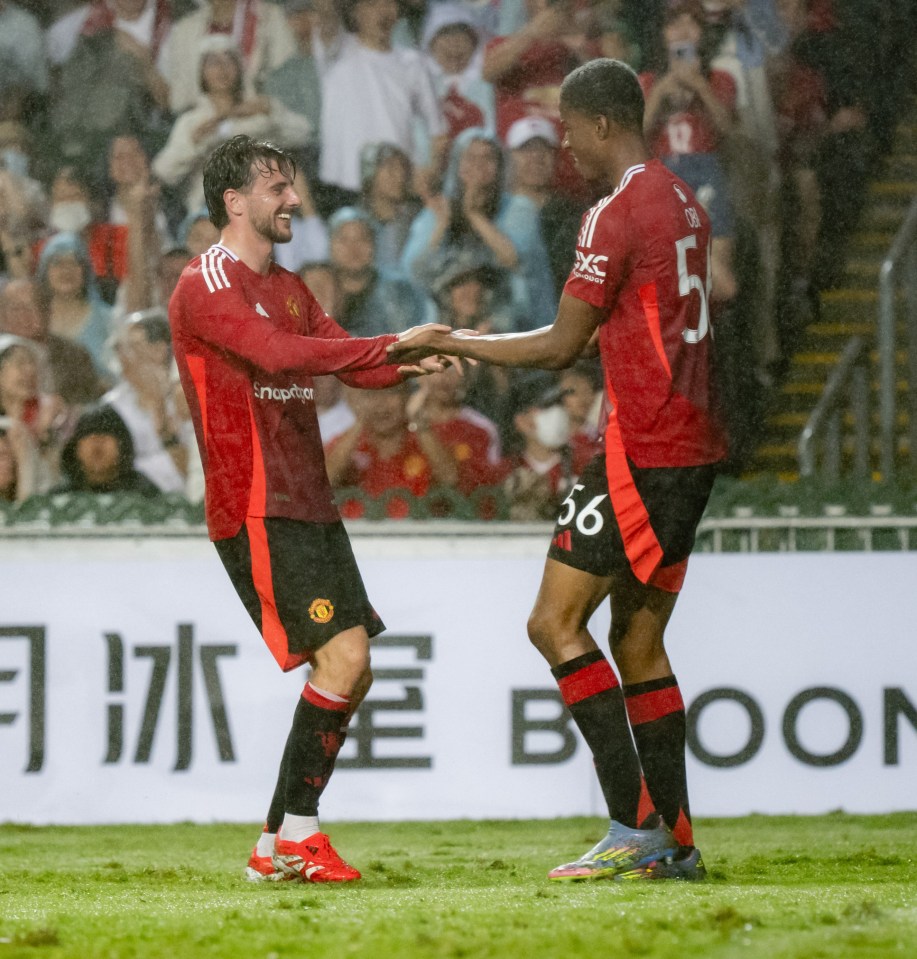 Manchester United players celebrating a goal in the rain.