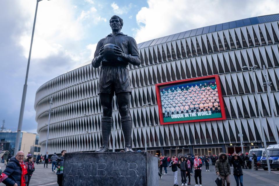 Statue of Jose Angel Iribar outside San Mames Stadium in Bilbao.