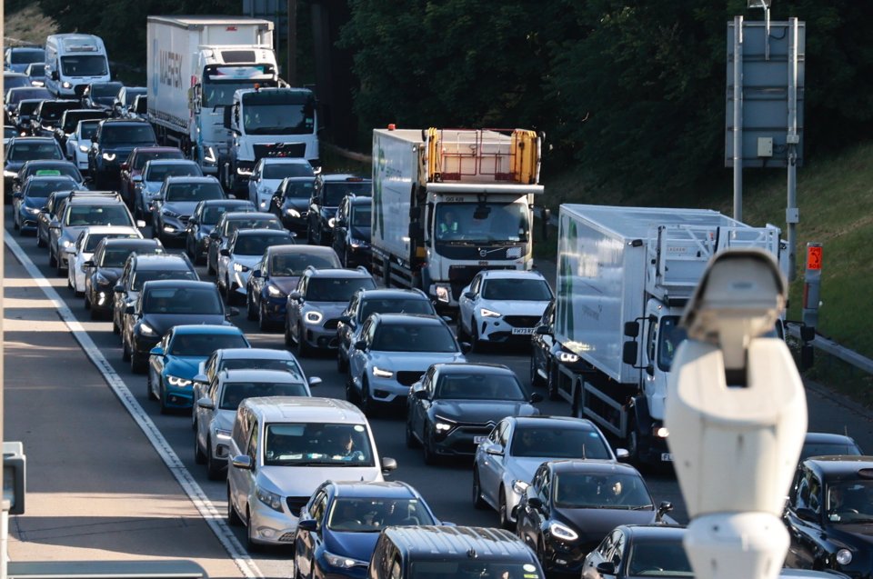 Heavy traffic on the M4 motorway in London.