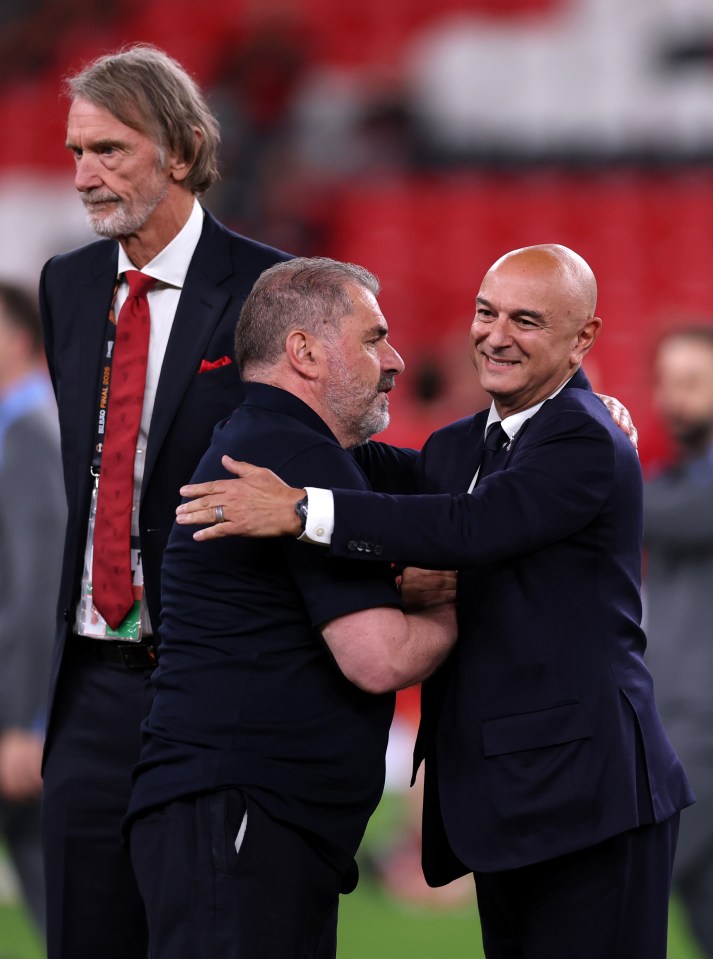 Daniel Levy and Ange Postecoglou embracing after a soccer match.
