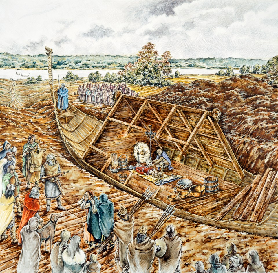 Illustration of the Sutton Hoo ship burial in 620 or 630, showing the burial of Raedwald, ruler of the East Angles.