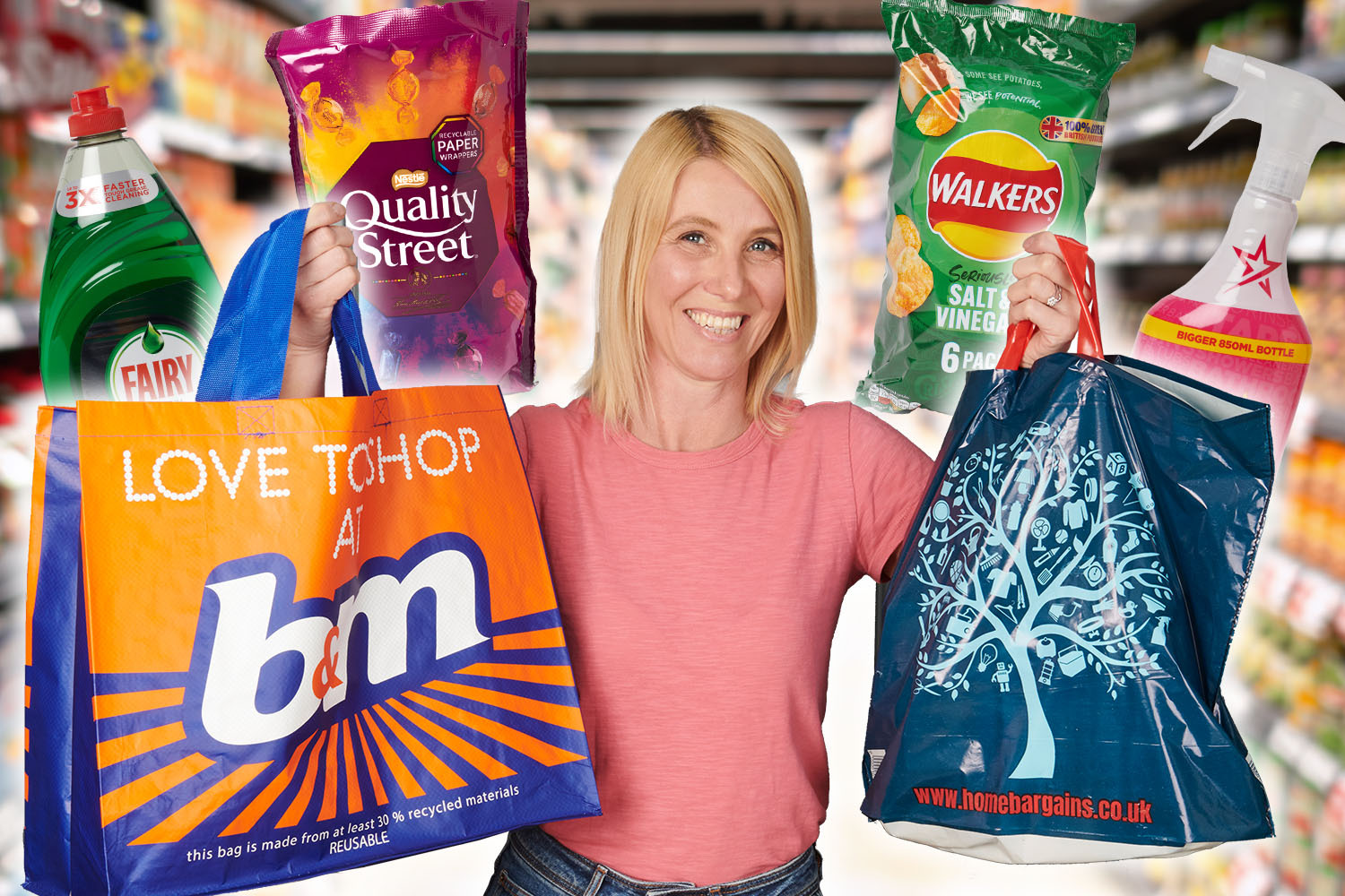 Woman holding shopping bags with groceries and cleaning supplies.