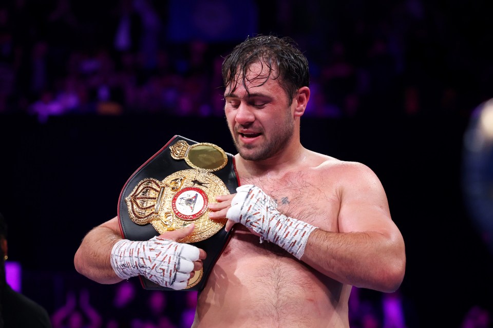 LONDON, ENGLAND - MAY 17: Dave Allen celebrates with his belt after victory by knock out in the Heavyweight fight between Johnny Fisher and Dave Allen as part of the Johnny Fisher v Dave Allen 2 - Fight Night at Copper Box Arena on May 17, 2025 in London, England. (Photo by Richard Pelham/Getty Images)