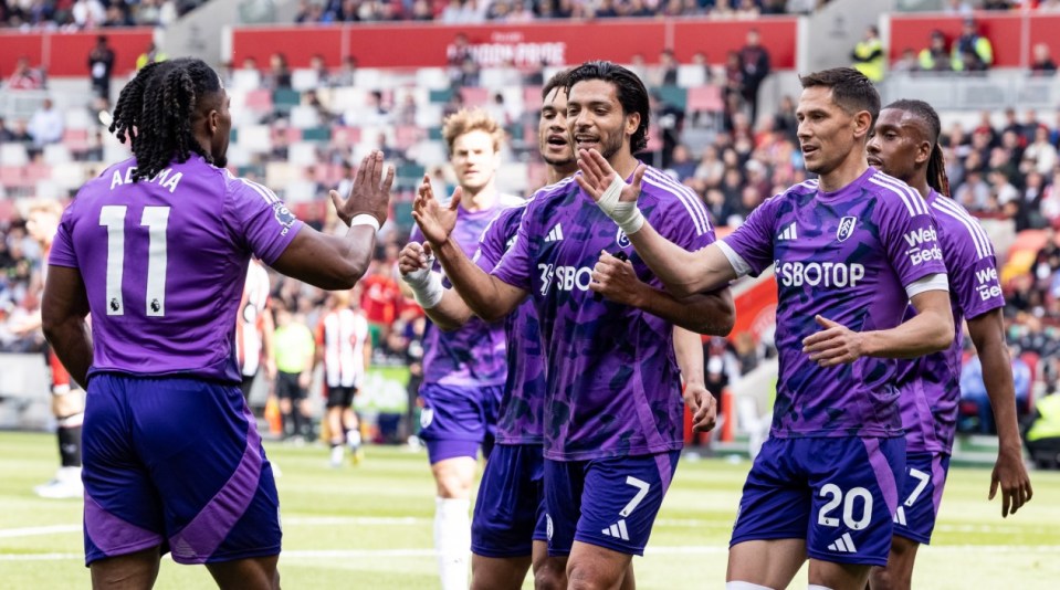 BRENTFORD, ENGLAND - MAY 18: Fulham's Raul Jimenez (centre) celebrates scoring his side's first goal with team mates during the Premier League match between Brentford FC and Fulham FC at Gtech Community Stadium on May 18, 2025 in Brentford, England. (Photo by Andrew Kearns - CameraSport via Getty Images)