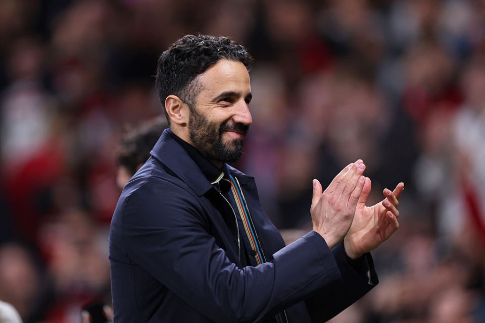 MANCHESTER, ENGLAND - MAY 08: Ruben Amorim the manager of Manchester United applauds their support after the UEFA Europa League 2024/25 Semi Final Second Leg match between Manchester United and Athletic Club at Old Trafford on May 08, 2025 in Manchester, England. (Photo by Alex Livesey - Danehouse/Getty Images)