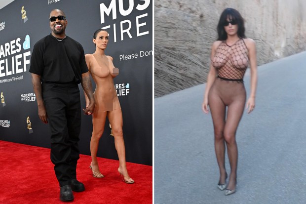 Two photos showing women in revealing outfits; one is on a red carpet with a man.