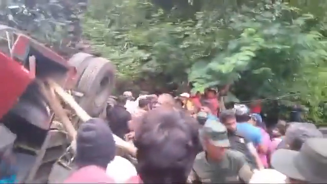 A crowd of people surrounding a tipped-over truck in a wooded area.