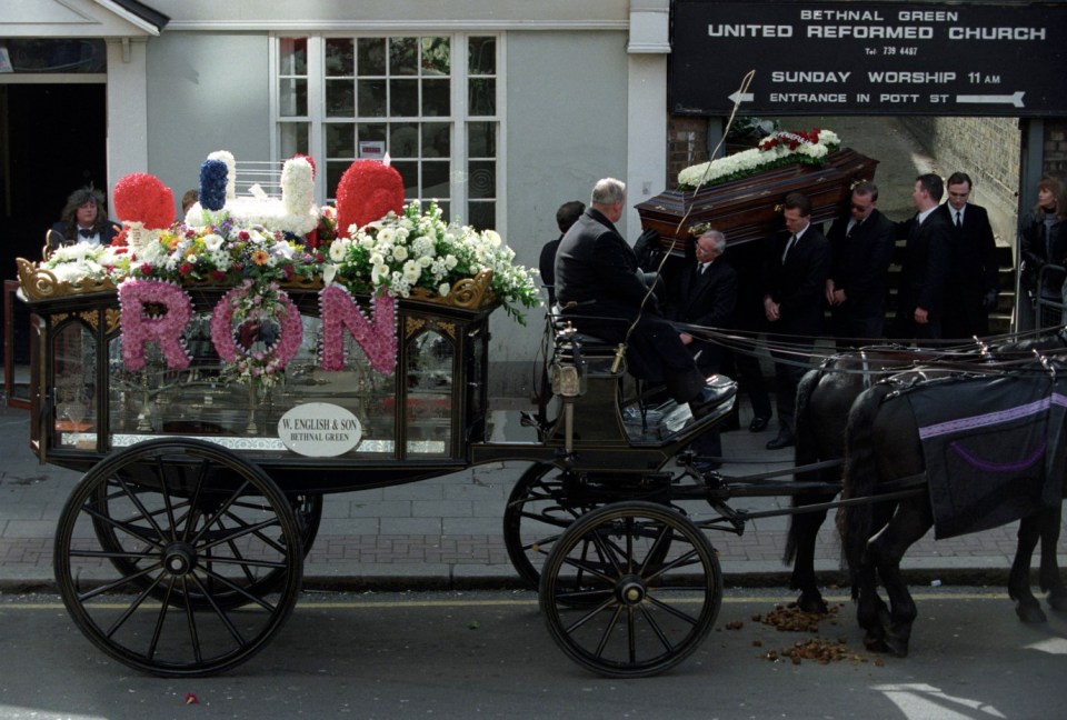 The Funeral of Ronnie Kray attended by his twin Reggie and other Kray family members. Ronnie Kray was eventually certified insane and lived the remainder of his life in Broadmoor Hospital, Crowthorne, dying on 17 March 1995 of a heart attack at the age of 61. He was buried at Chingford Mount Cemetery in East London where their mother was interred in the Kray family plot. Crowds lined the streets of East London to pay their respects to the notorious criminal, Reg's security team controlled the crowds headed by Dave Courtenay 29/03/1995