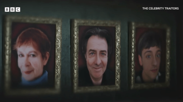 Three framed portraits of Celebrity Traitors contestants.