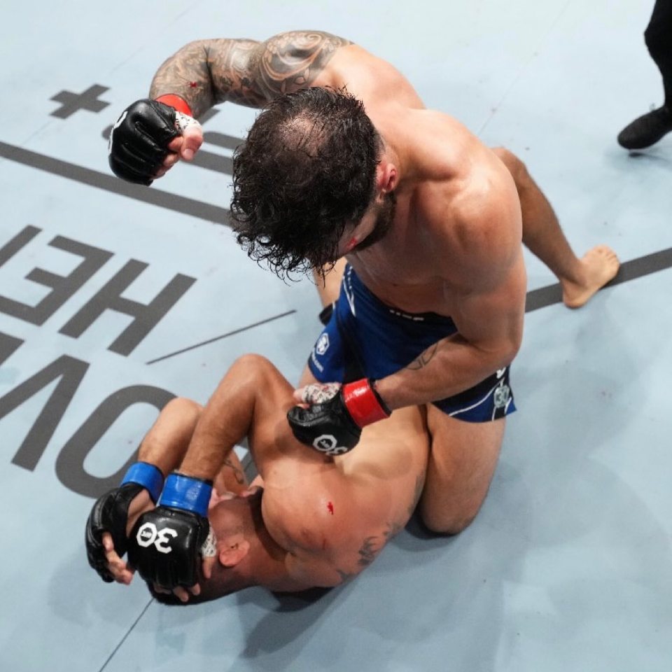 Paul Craig using elbows to TKO Andre Muniz in a UFC match.