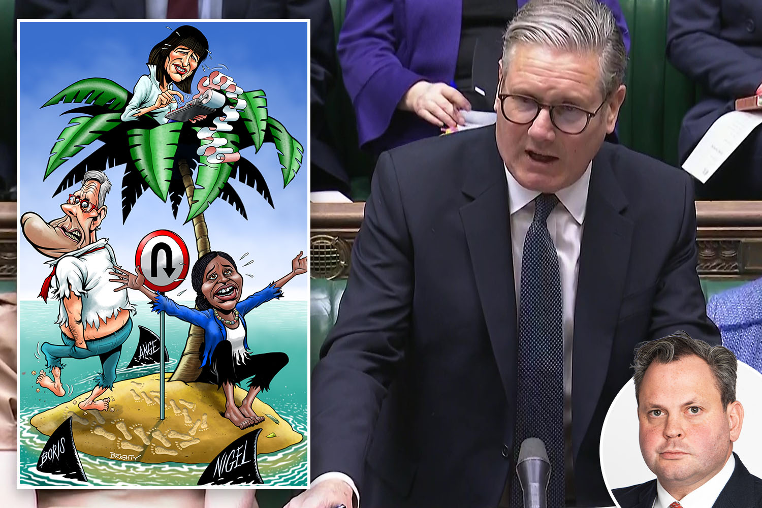 Illustration of political figures stranded on a tropical island, alongside a photo of a politician speaking.