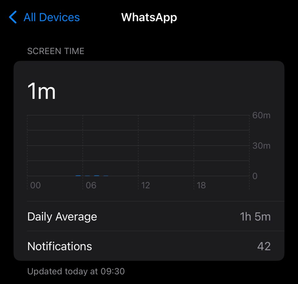 WhatsApp screen time: 1 minute total, 1 hour 5 minute daily average, 42 notifications.