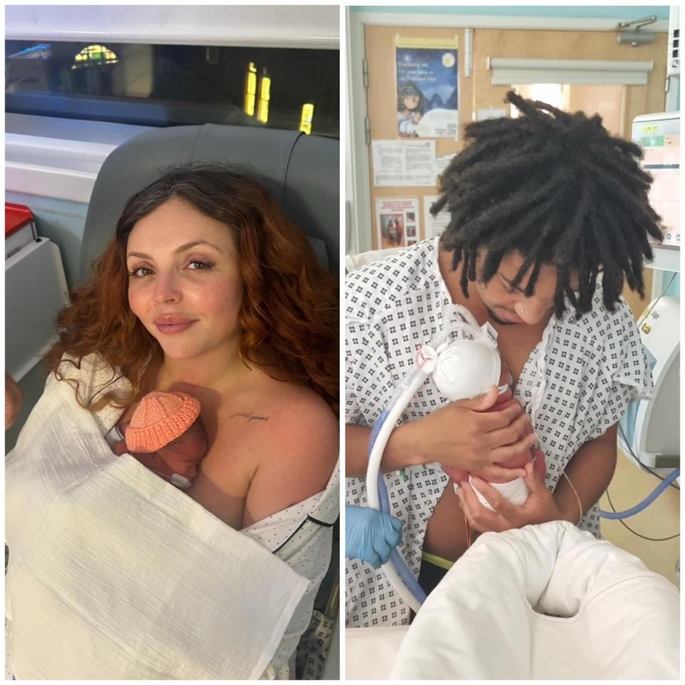 Photo collage of a mother and father holding their newborn twin baby girls in a hospital.