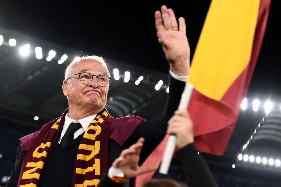 Claudio Ranieri, AS Roma head coach, waves to fans.