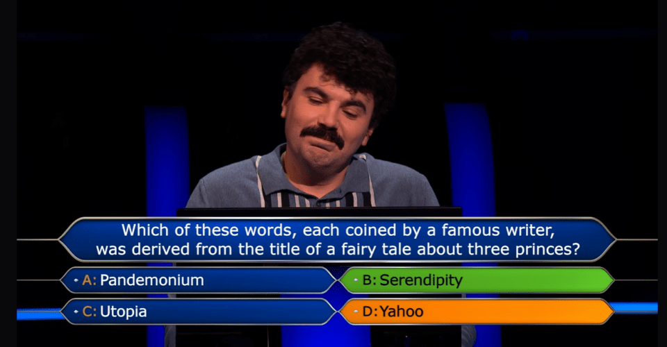 Who Wants To Be A Millionaire contestant considering answers to a question about words coined by famous writers.