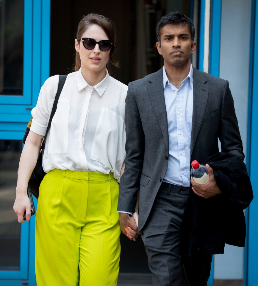 Nicola Thorp and her partner leaving Uxbridge Magistrates Court.