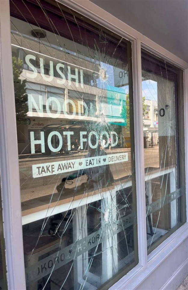Shattered window of Kokoro restaurant.