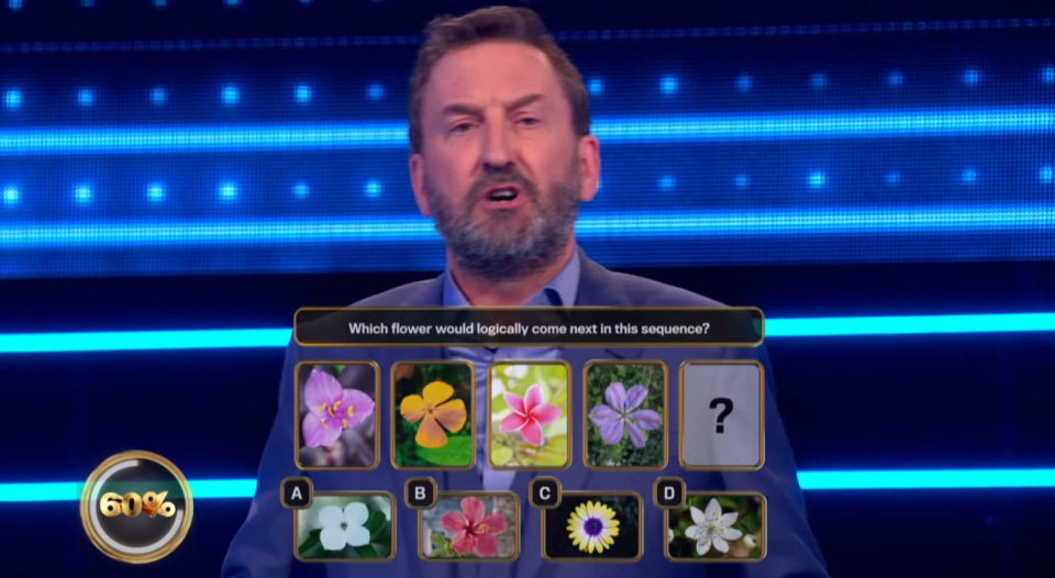 Screenshot of a quiz show question:  What flower logically comes next in the sequence?