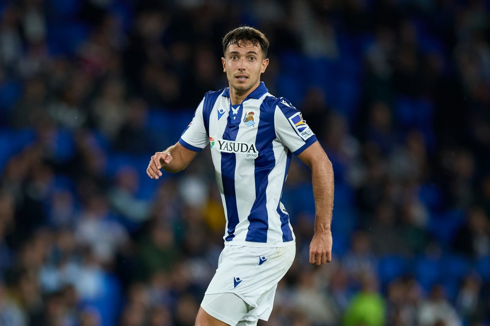 Martin Zubimendi of Real Sociedad during a soccer match.