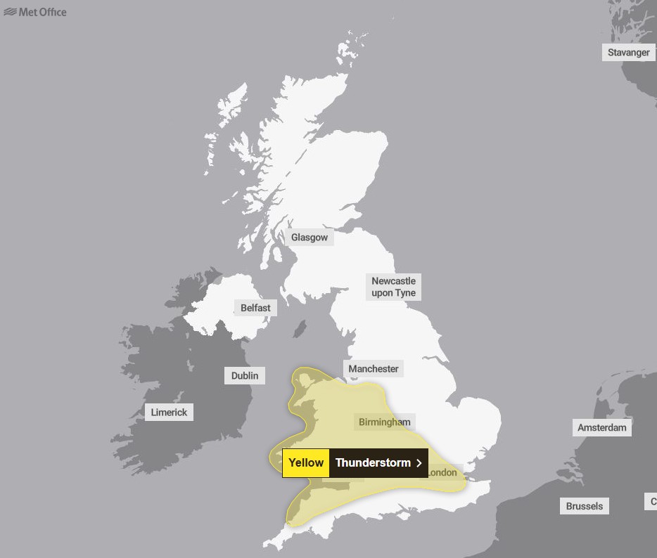 Map of UK highlighting areas with yellow thunderstorm warning.