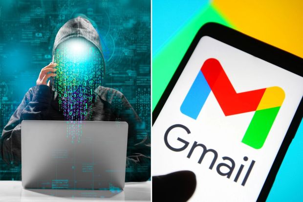 An image collage containing 2 images, Image 1 shows Illustration of a hooded figure using a laptop, with binary code cascading from their face, Image 2 shows Gmail logo on a smartphone screen
