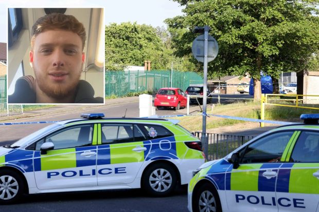 An image collage containing 2 images, Image 1 shows Police cars at a murder scene, Image 2 shows Photo of Brandon Kershaw