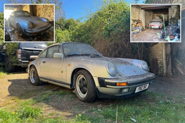 An image collage containing 3 images, Image 1 shows Dust-covered silver Porsche 911 Carrera in a yard, Image 2 shows Dusty Porsche 911 in a cluttered garage, Image 3 shows Dusty Porsche 911 in a barn