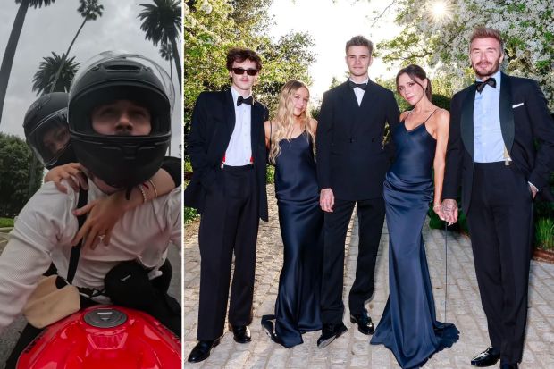 An image collage containing 2 images, Image 1 shows Couple on a motorcycle wearing helmets, Image 2 shows The Beckham family posing for a photo