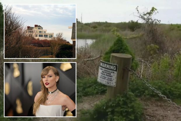 An image collage containing 3 images, Image 1 shows A pond with a "No Vehicles Beyond This Point" sign, Image 2 shows Holiday House, a historic beach mansion in Watch Hill, Rhode Island, Image 3 shows Taylor Swift at the 66th Grammy Awards