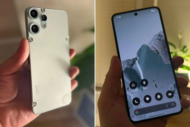 An image collage containing 2 images, Image 1 shows Person holding a light-grey smartphone, Image 2 shows Smartphone displaying WhatsApp, Netflix, and other app icons