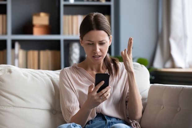 An image collage containing 1 images, Image 1 shows Frustrated woman looking at her phone
