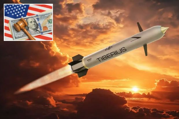 An image collage containing 2 images, Image 1 shows Illustration of the Sceptre TRBM 155HG supersonic artillery shell in flight, Image 2 shows Gavel on US currency with American flag in background