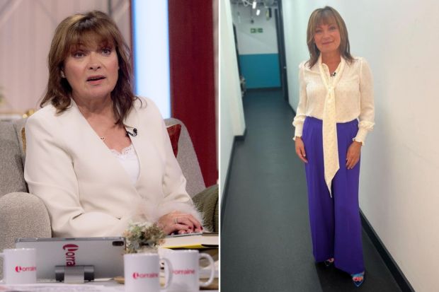 An image collage containing 2 images, Image 1 shows Lorraine Kelly on the set of her TV show, Image 2 shows Lorraine Kelly in purple trousers and a white blouse