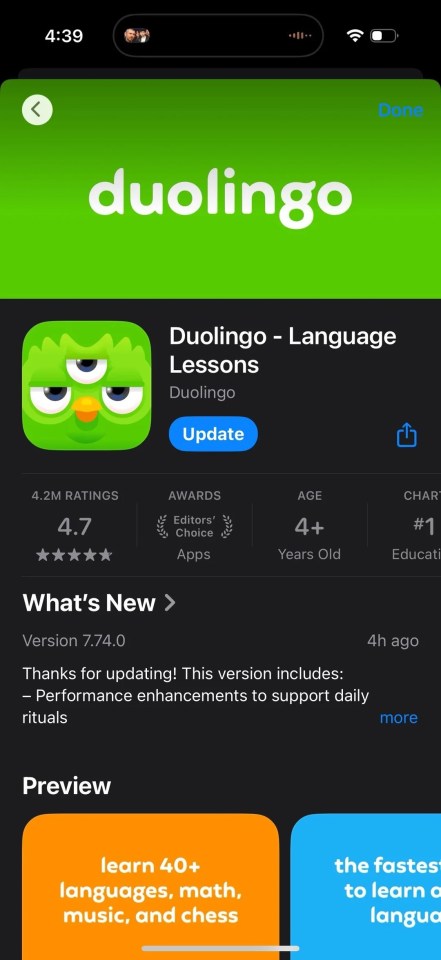 Duolingo app update screenshot showing new features and performance enhancements.
